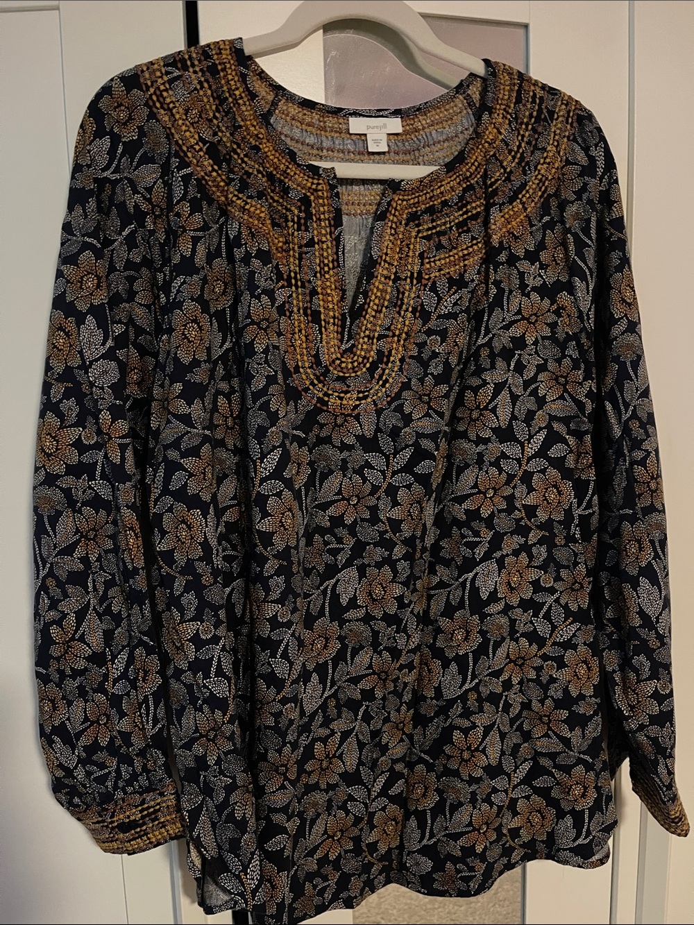 J. Jill Navy Tunic with Gold & Ivory Floral Beaded Neckline